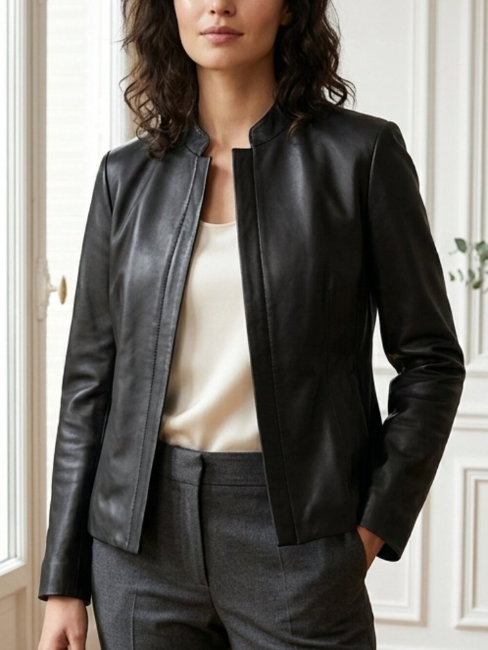Adler Classic Black Lambskin Leather Jacket with Stand Collar Size PM